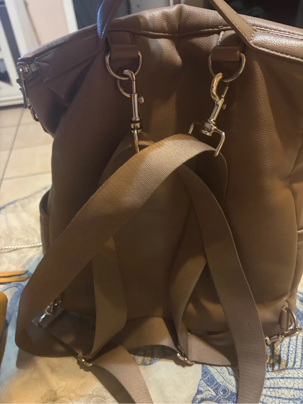 DIAPER BAG Pottery Barn Kids Baby Bag in Light Gray with Brown Leather Trim